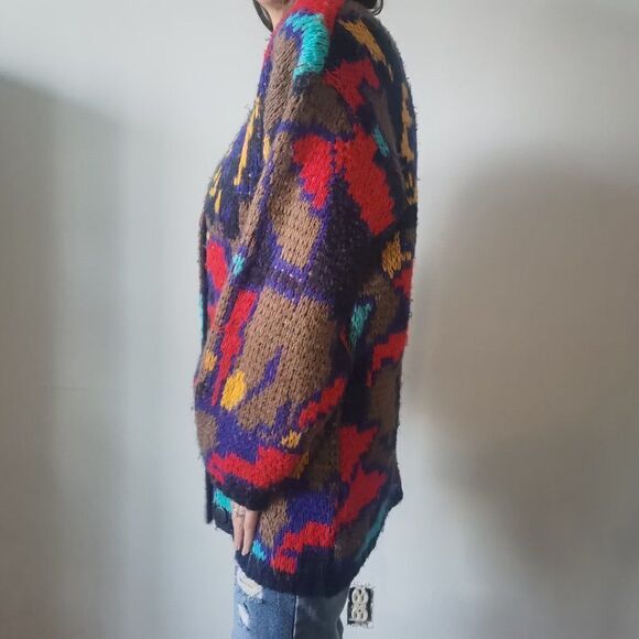 Fun fluffy & soft multicoloured 80s color block cardigan with oversize sleeves - Picture 4 of 5